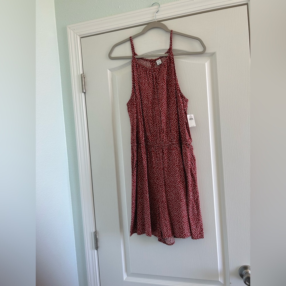 Size L Romper Keyhole Rust Orange with White Polka Dots
